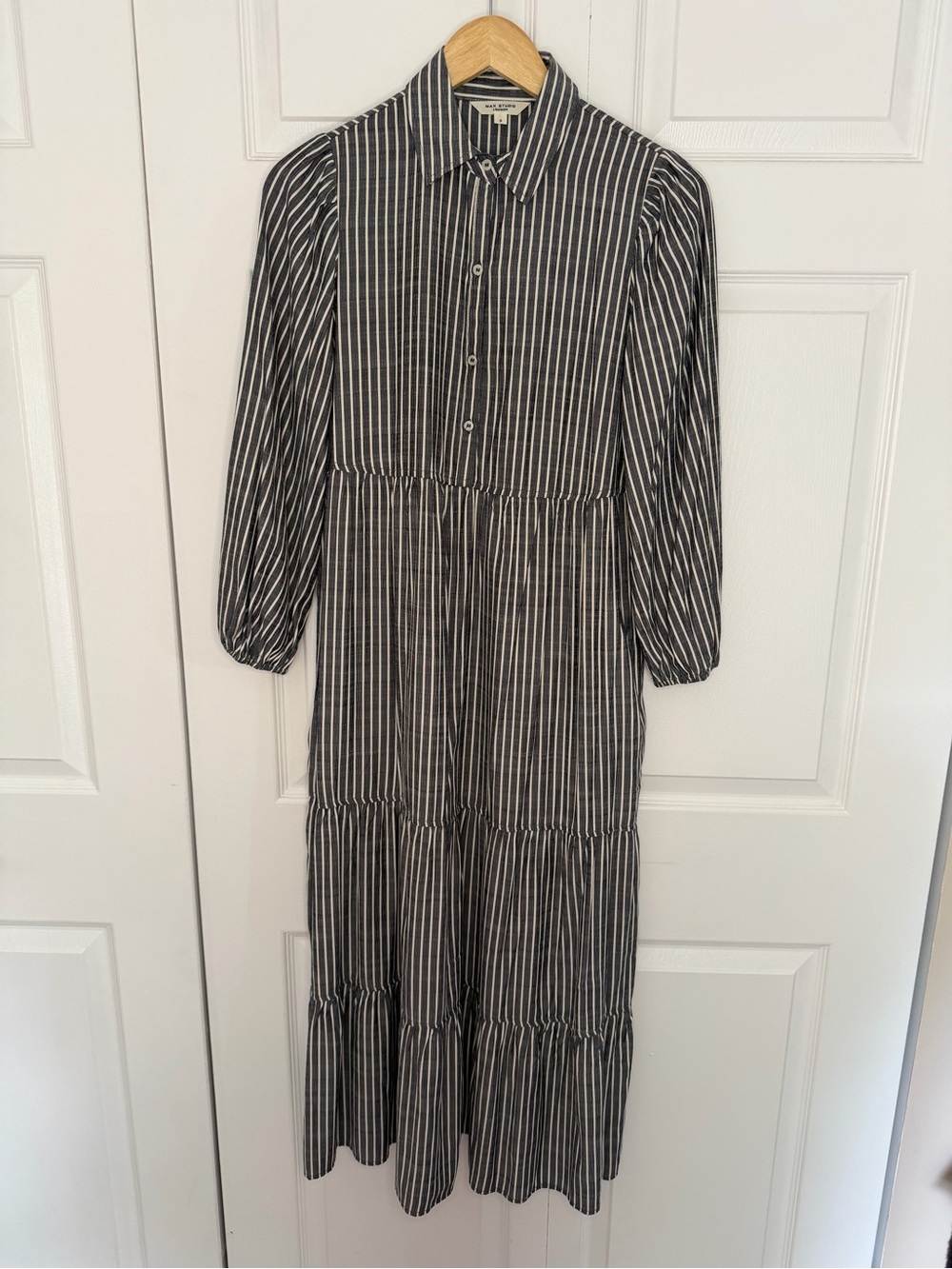 Max Studio London Blue White Striped Tiered Maxi Dress 3/4 Puff Sleeves Small
